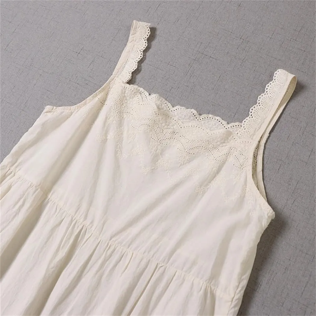 Women Solid Color Slip O-Neck Dress Spring Summer Cotton Lace Sleeveless Loose Dress