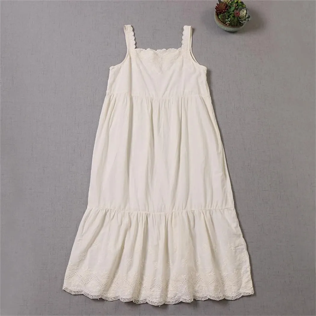 Women Solid Color Slip O-Neck Dress Spring Summer Cotton Lace Sleeveless Loose Dress