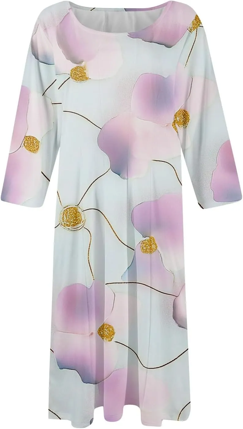 Women Spring Dresses Crewneck 3/4 Sleeve Midi Dresses Floral A Line Dress Summer Flowy Beach Dress with Pocket
