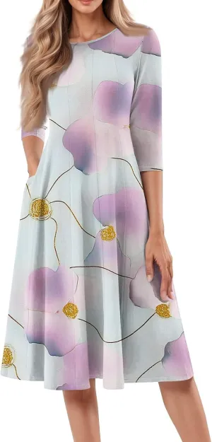 Women Spring Dresses Crewneck 3/4 Sleeve Midi Dresses Floral A Line Dress Summer Flowy Beach Dress with Pocket
