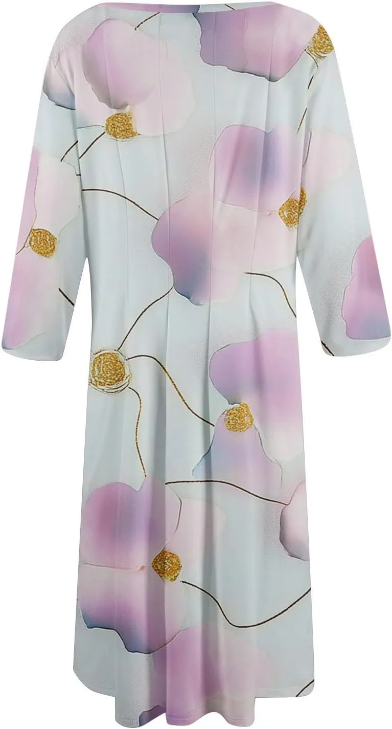 Women Spring Dresses Crewneck 3/4 Sleeve Midi Dresses Floral A Line Dress Summer Flowy Beach Dress with Pocket