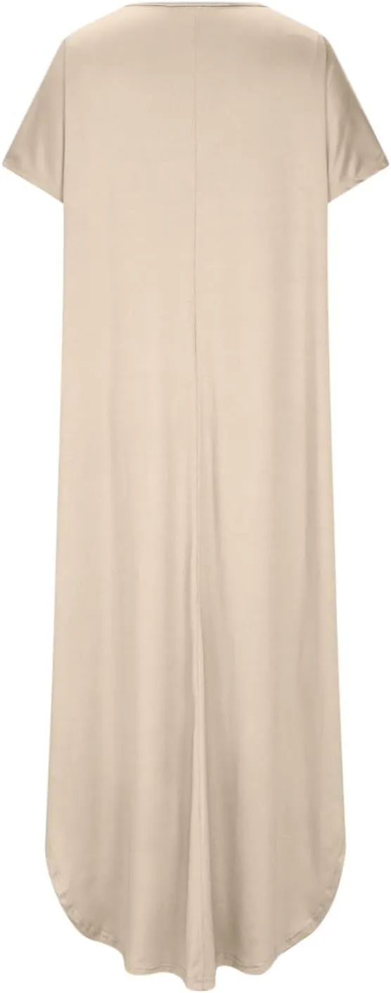Women Summer Boho Maxi Dresses 2025 Casual Short Sleeve V Neck T Shirt Dress Split Hem A-Line Beach Dresses with Pockets
