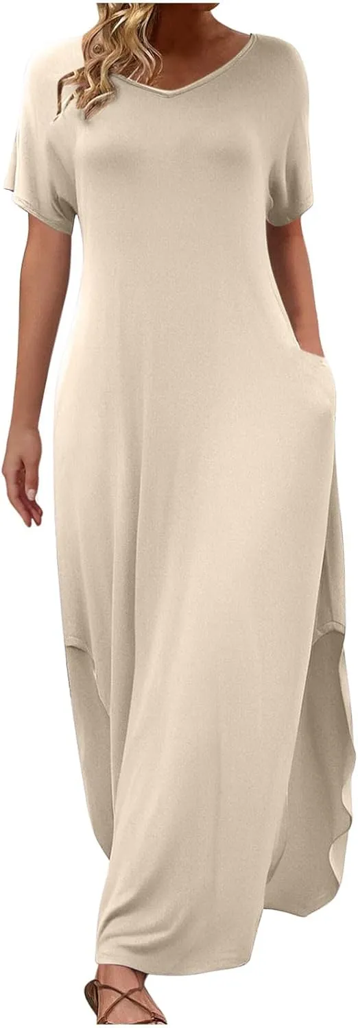 Women Summer Boho Maxi Dresses 2025 Casual Short Sleeve V Neck T Shirt Dress Split Hem A-Line Beach Dresses with Pockets