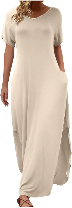 Women Summer Boho Maxi Dresses 2025 Casual Short Sleeve V Neck T Shirt Dress Split Hem A-Line Beach Dresses with Pockets