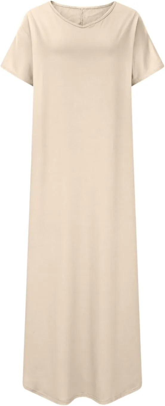 Women Summer Boho Maxi Dresses 2025 Casual Short Sleeve V Neck T Shirt Dress Split Hem A-Line Beach Dresses with Pockets