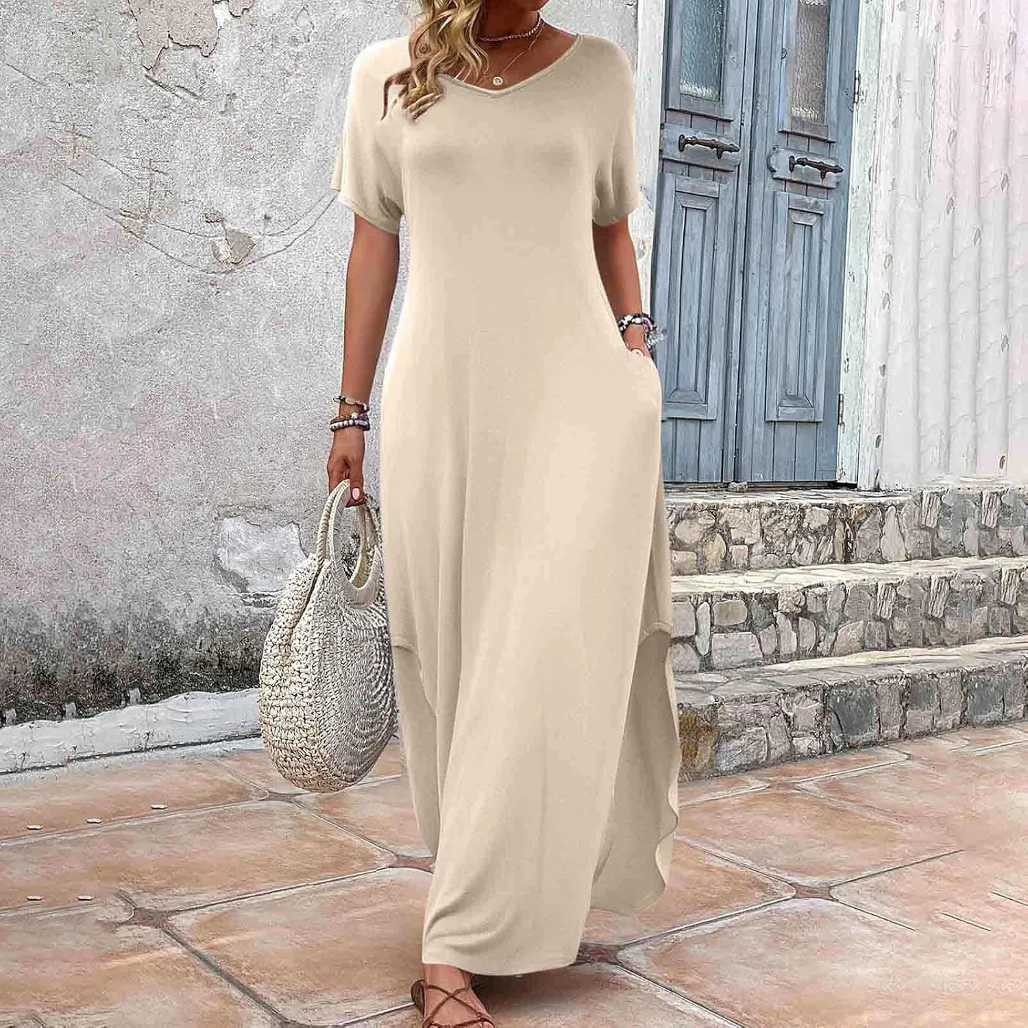 Women Summer Boho Maxi Dresses 2025 Casual Short Sleeve V Neck T Shirt Dress Split Hem A-Line Beach Dresses with Pockets