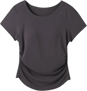 Women Summer Shirts Ruched Side Basic Tees with Built in Shelf Bras Padded Casual Slim Short Sleeve Workout Yoga Tops