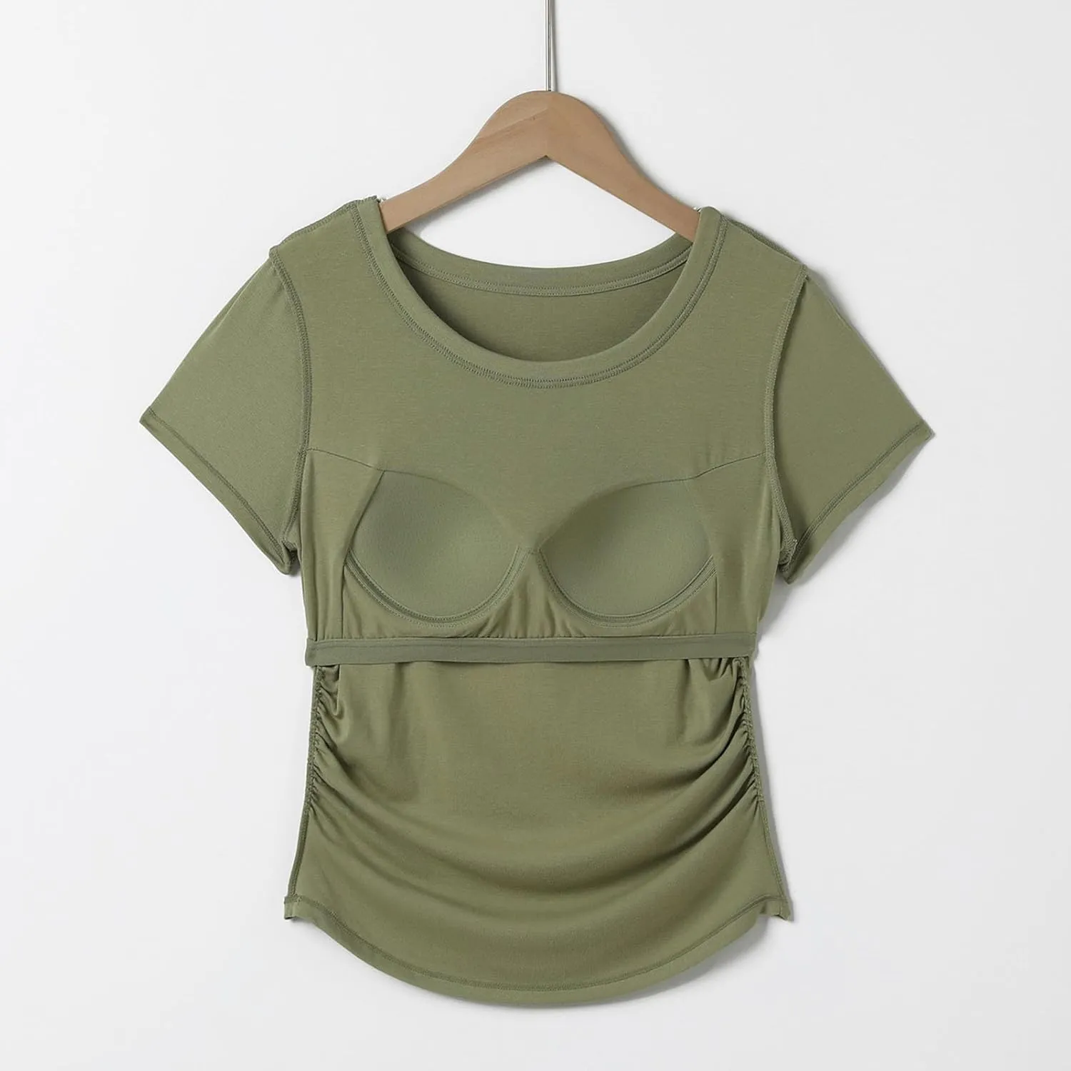 Women Summer Shirts Ruched Side Basic Tees with Built in Shelf Bras Padded Casual Slim Short Sleeve Workout Yoga Tops