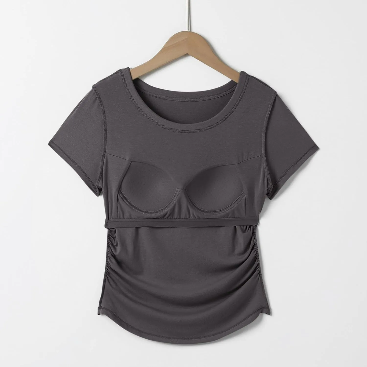 Women Summer Shirts Ruched Side Basic Tees with Built in Shelf Bras Padded Casual Slim Short Sleeve Workout Yoga Tops