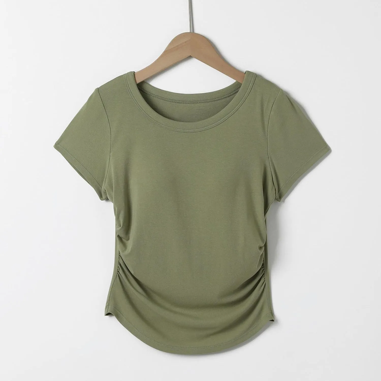Women Summer Shirts Ruched Side Basic Tees with Built in Shelf Bras Padded Casual Slim Short Sleeve Workout Yoga Tops
