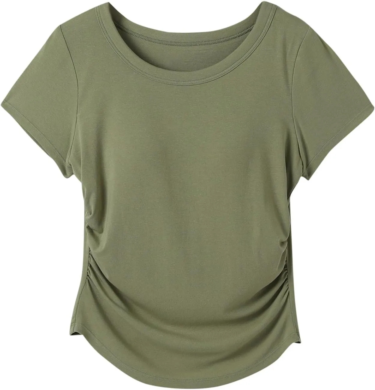 Women Summer Shirts Ruched Side Basic Tees with Built in Shelf Bras Padded Casual Slim Short Sleeve Workout Yoga Tops