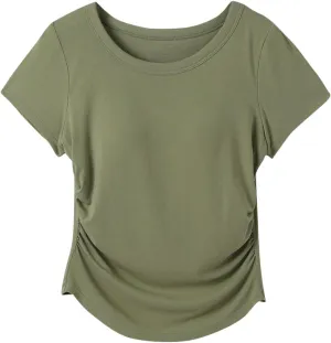 Women Summer Shirts Ruched Side Basic Tees with Built in Shelf Bras Padded Casual Slim Short Sleeve Workout Yoga Tops