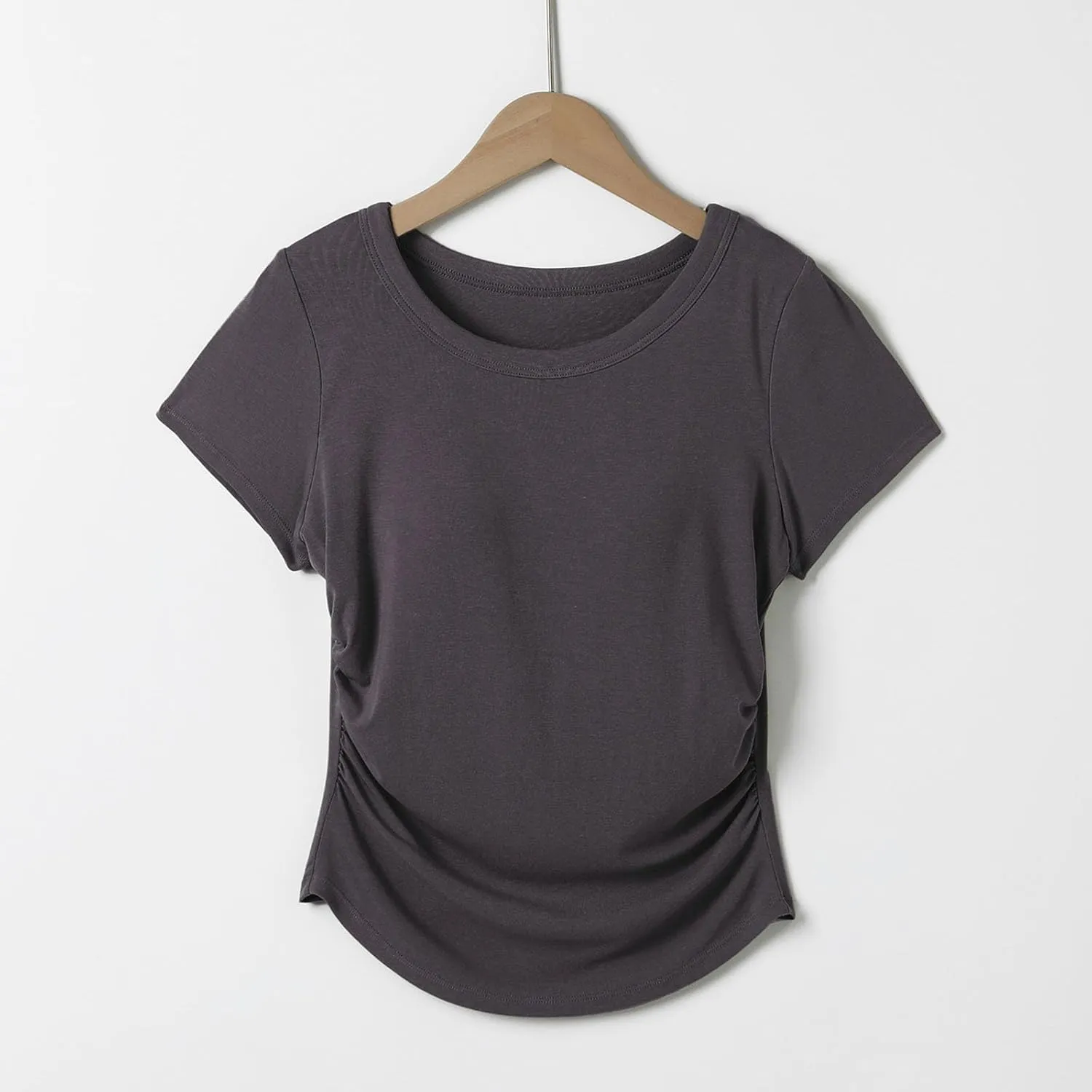 Women Summer Shirts Ruched Side Basic Tees with Built in Shelf Bras Padded Casual Slim Short Sleeve Workout Yoga Tops