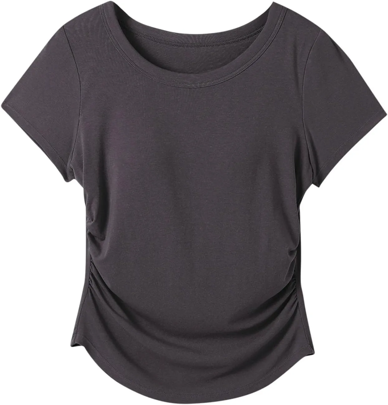 Women Summer Shirts Ruched Side Basic Tees with Built in Shelf Bras Padded Casual Slim Short Sleeve Workout Yoga Tops