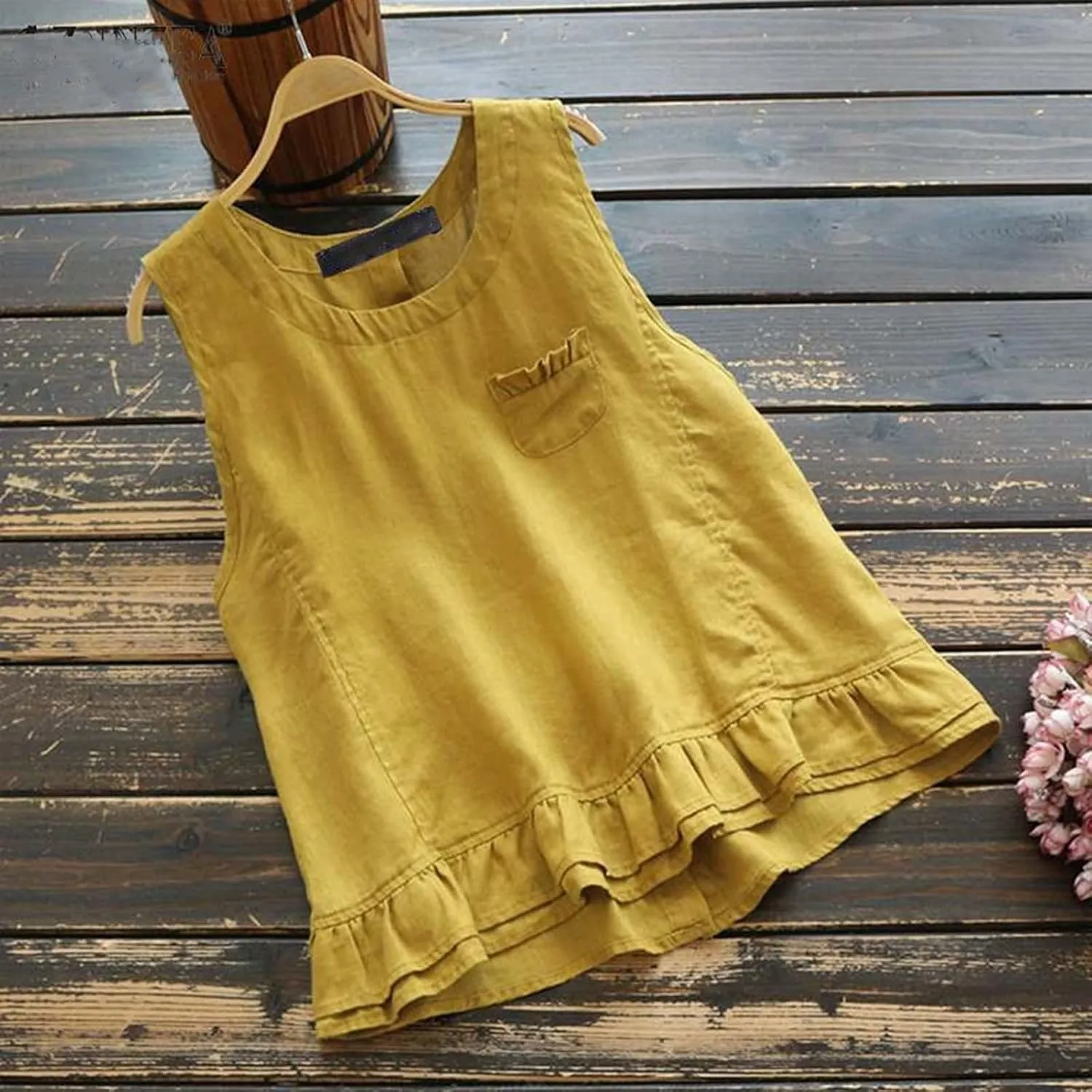 Women Tank Tops Fashion 2025 Ruffled Sleeveless Solid Color Comfy Shirts Vest Round Neck Summer Vacation Camisole