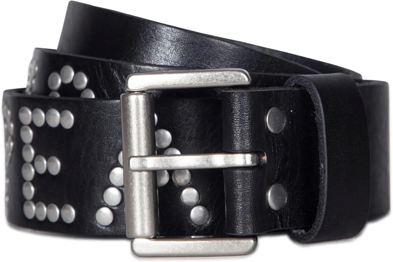 Women's 1.5 Inch Peace Rocks Studded Leather Belt, Roller Buckle, Adjustable Sizing, Black, S