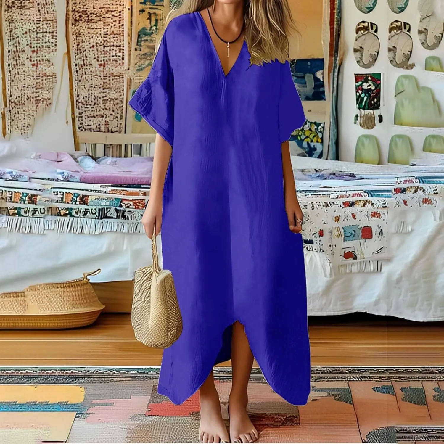 Women's 2025 Linen Casual Dresses Flowy V Neck Short Sleeve Maxi Dress Lightweight Summer Beach Vacation Clothes