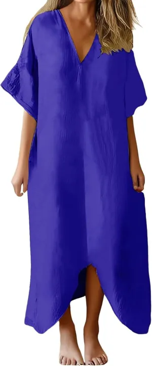 Women's 2025 Linen Casual Dresses Flowy V Neck Short Sleeve Maxi Dress Lightweight Summer Beach Vacation Clothes