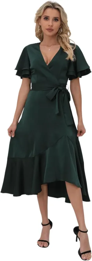 Women's 2025 Summer Cross Midi Dress Casual Boho Deep V Neck Short Sleeve Ruffle Hem Semi-Formal Dress
