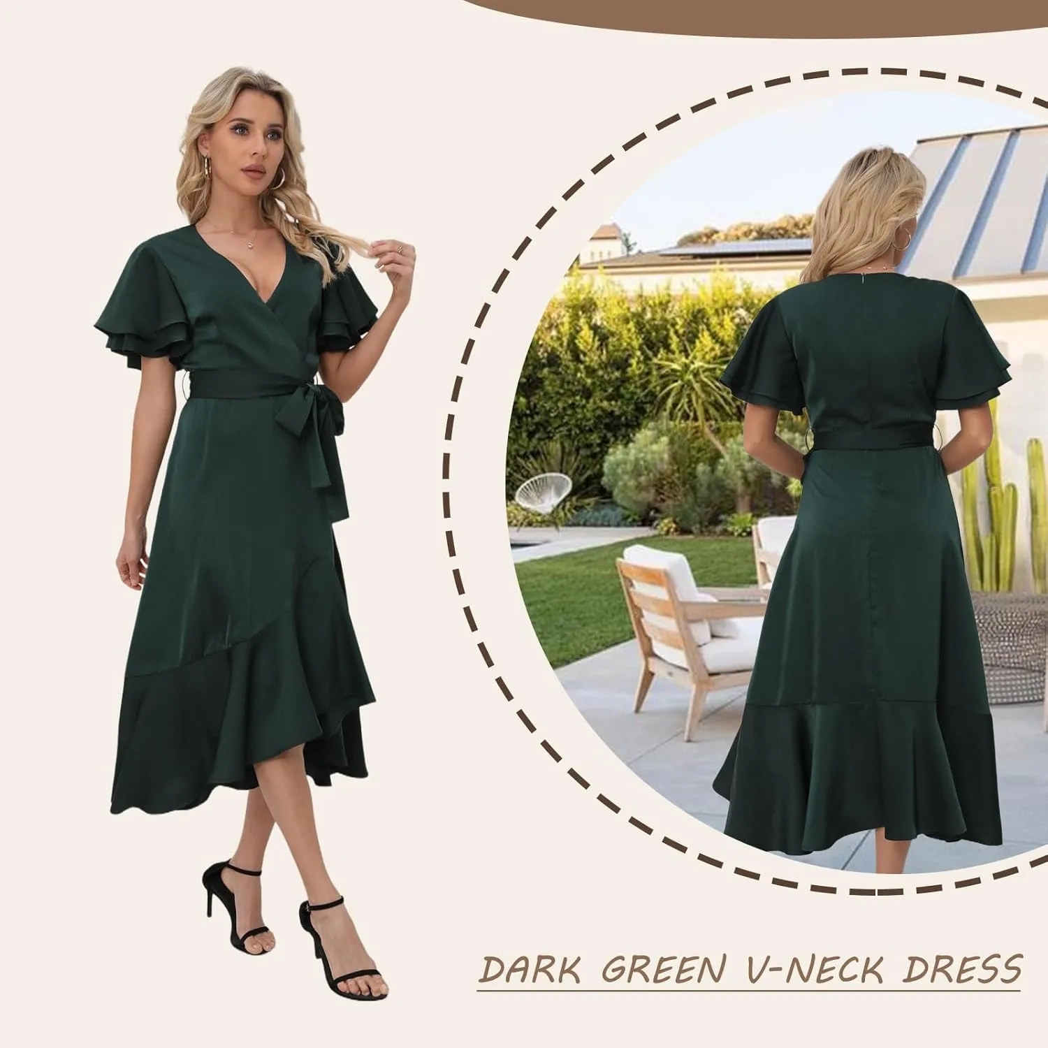 Women's 2025 Summer Cross Midi Dress Casual Boho Deep V Neck Short Sleeve Ruffle Hem Semi-Formal Dress
