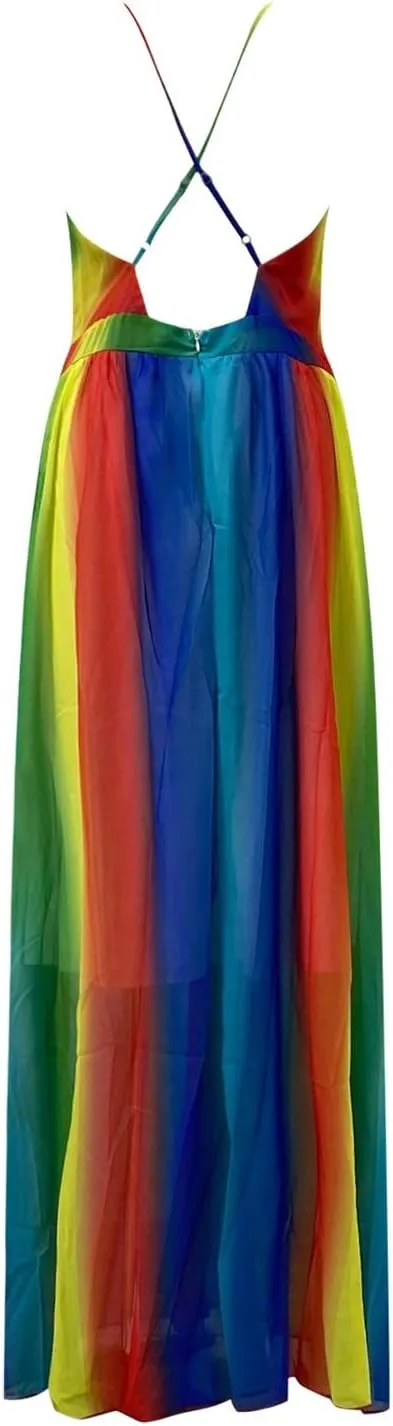 Women's 2025 Summer Dress Sexy Deep V Rainbow Loose Coverup Maxi Dresses Sun Skirt for Women Church Work Dresses
