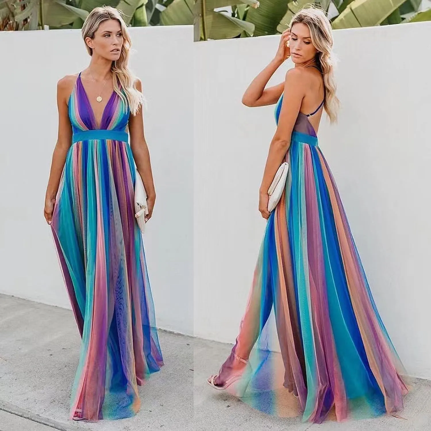 Women's 2025 Summer Dress Sexy Deep V Rainbow Loose Coverup Maxi Dresses Sun Skirt for Women Church Work Dresses