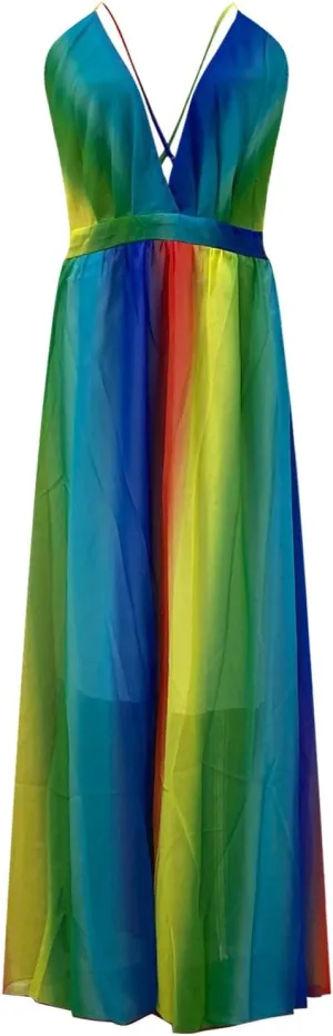 Women's 2025 Summer Dress Sexy Deep V Rainbow Loose Coverup Maxi Dresses Sun Skirt for Women Church Work Dresses