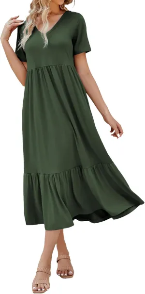 Women's 2025 Summer Long Maxi Dresses Casual Short Sleeve V Neck Flowy Tiered Beach Dress Trendy Outfits