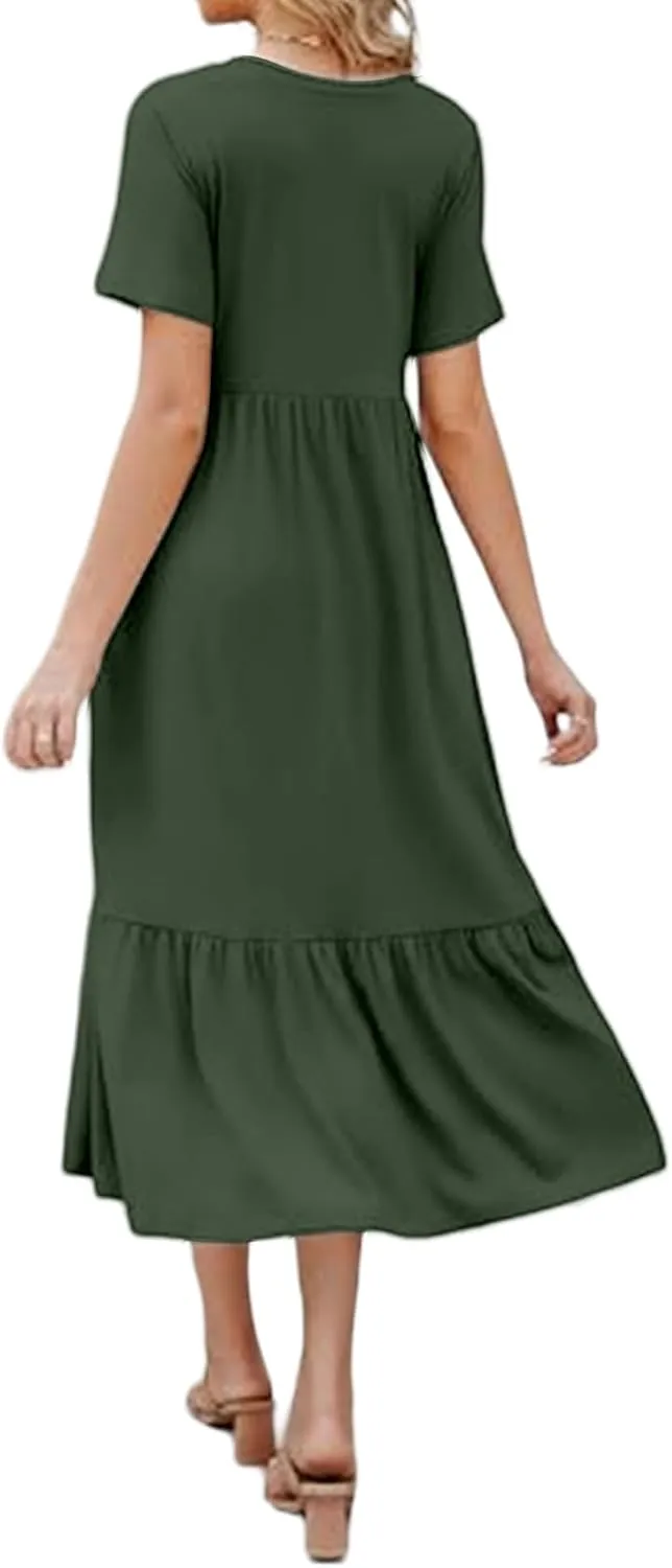 Women's 2025 Summer Long Maxi Dresses Casual Short Sleeve V Neck Flowy Tiered Beach Dress Trendy Outfits