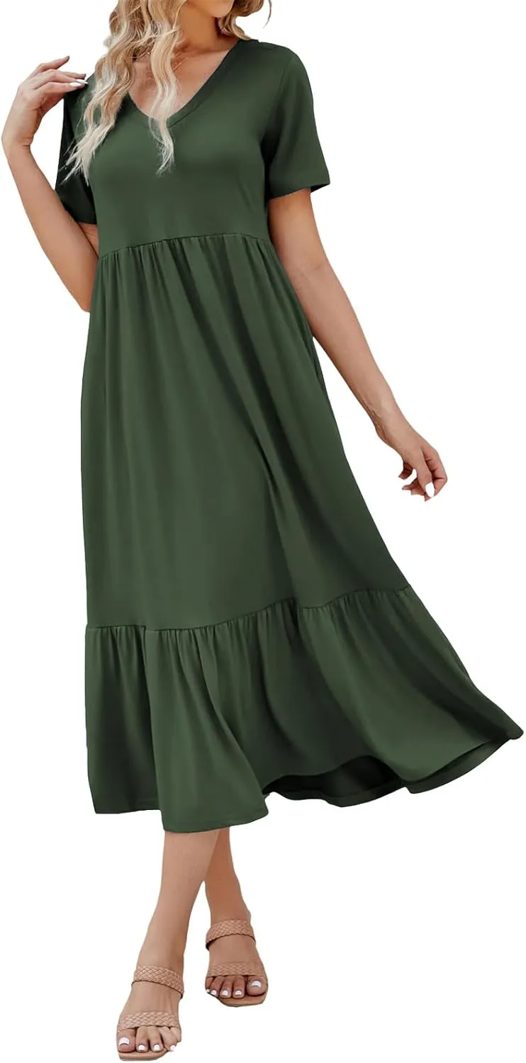 Women's 2025 Summer Long Maxi Dresses Casual Short Sleeve V Neck Flowy Tiered Beach Dress Trendy Outfits