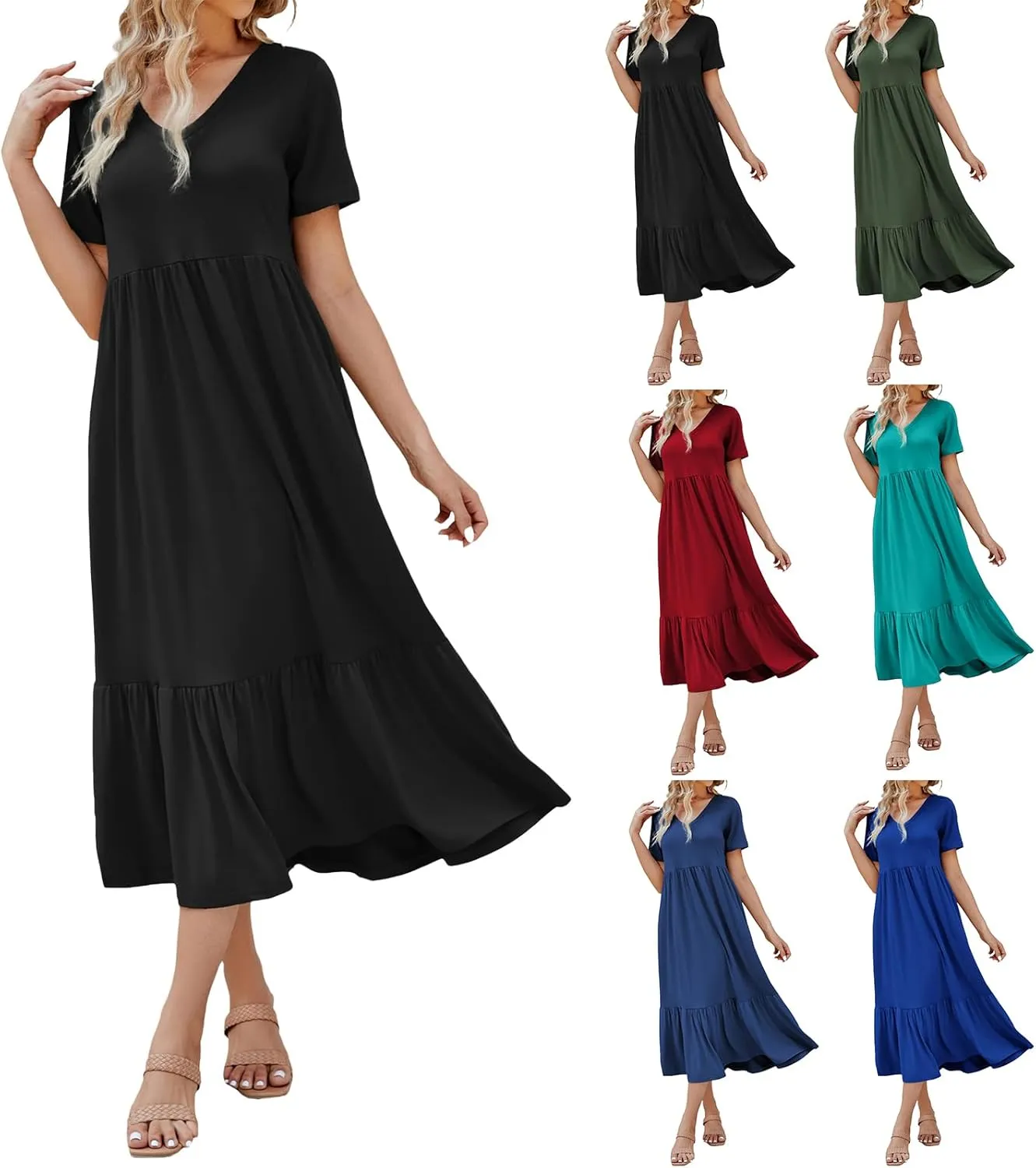 Women's 2025 Summer Long Maxi Dresses Casual Short Sleeve V Neck Flowy Tiered Beach Dress Trendy Outfits