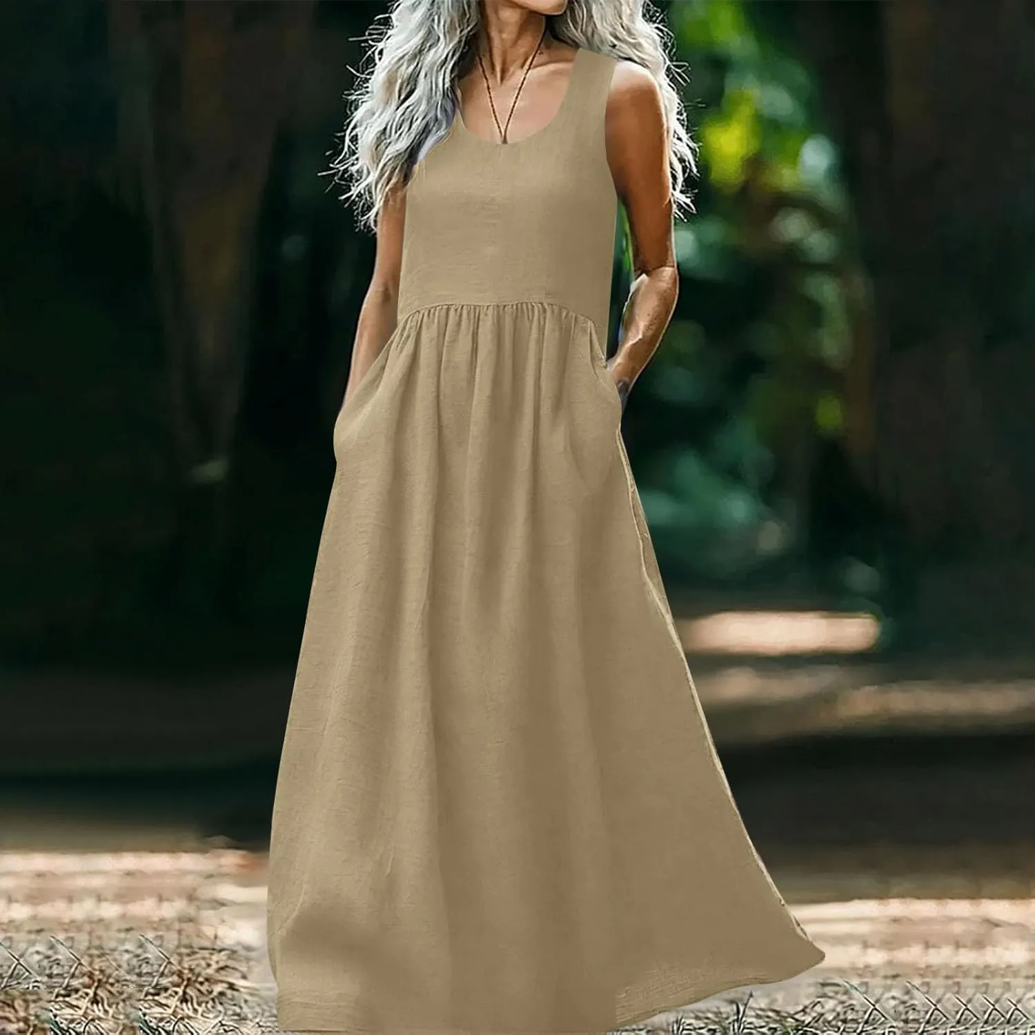 Womens 2025 Summer Sleeveless Linen Maxi Tank Dresses Casual A Line Crew Neck Beach Vacation Long Sundress with Pockets