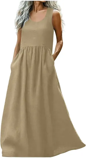 Womens 2025 Summer Sleeveless Linen Maxi Tank Dresses Casual A Line Crew Neck Beach Vacation Long Sundress with Pockets