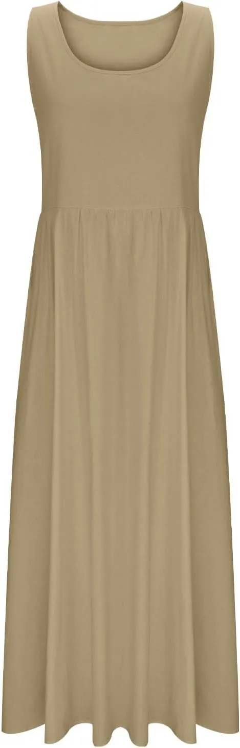 Womens 2025 Summer Sleeveless Linen Maxi Tank Dresses Casual A Line Crew Neck Beach Vacation Long Sundress with Pockets