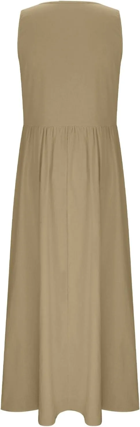 Womens 2025 Summer Sleeveless Linen Maxi Tank Dresses Casual A Line Crew Neck Beach Vacation Long Sundress with Pockets