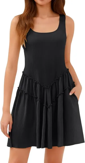 Women's 2025 Summer Sleeveless Tank Mini Dresses Square Neck A Line Flowy Short Dress Beach Vocation Sundress