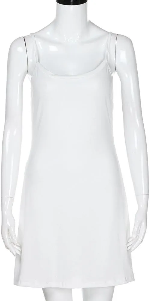 Women's Basic Adjustable Spaghetti Strap Cami Slip Mini Dress V Neck Undergarment Nightwear