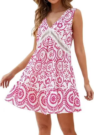 Womens Boho Floral Print Mini Dress Summer V Neck Sleeveless Bathing Suit A Line Sundress Vacation Beach Dress