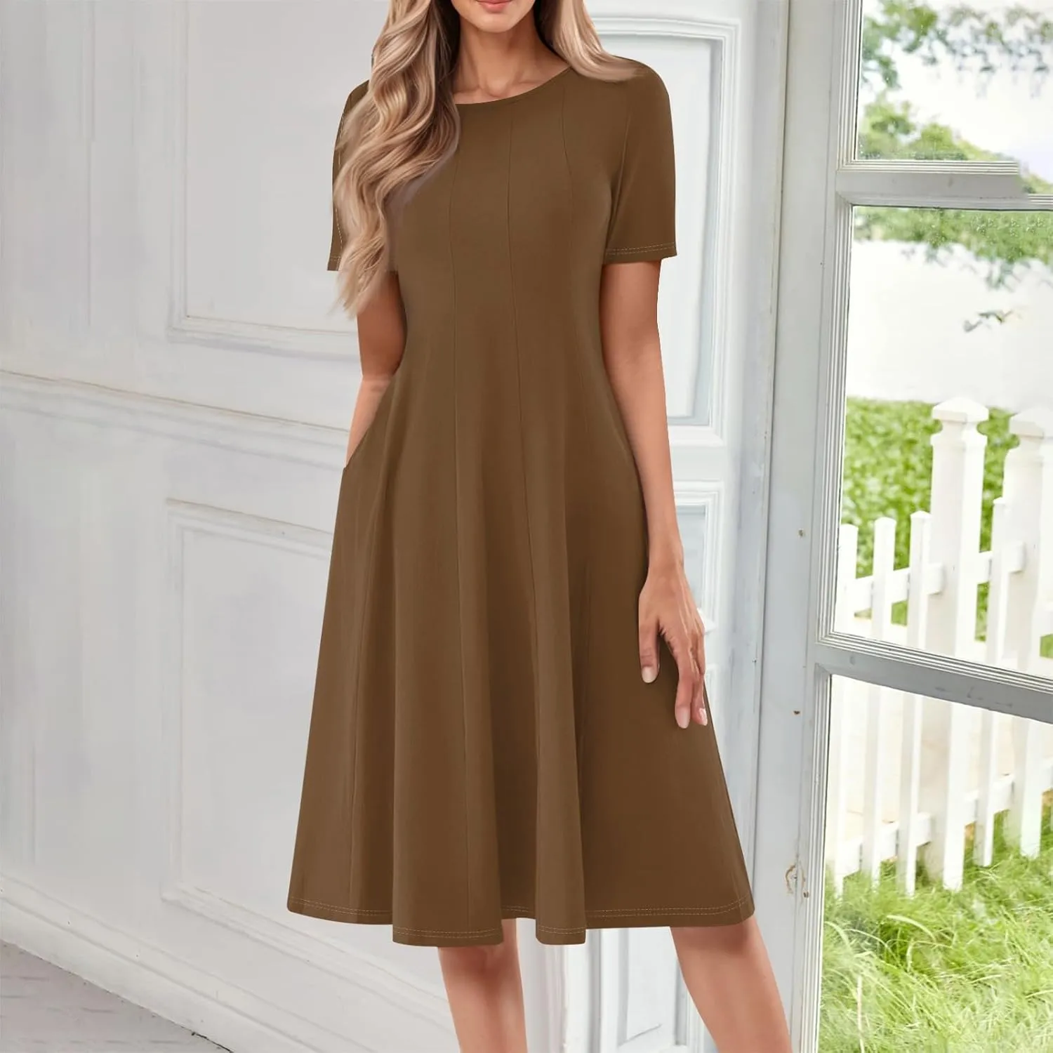 Women's Boho Floral Short Sleeve T Shirt Dress 2025 Summer Casual Loose Swing Tshirt Midi Dresses with Pockets