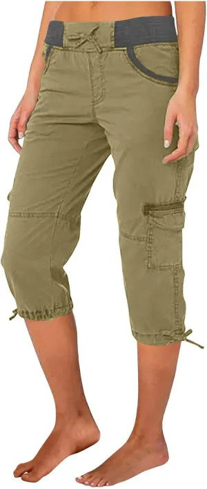 Women's Cargo Capris Relaxed Fit Low Waist Cargo Capri Pant Summer Casual Lightweight Lounge Cropped Trousers Pockets