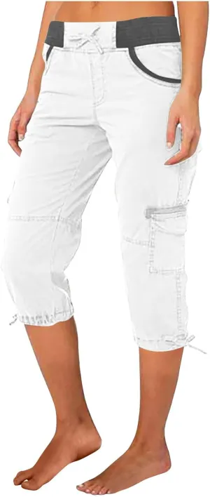 Women's Cargo Capris Relaxed Fit Low Waist Cargo Capri Pant Summer Casual Lightweight Lounge Cropped Trousers Pockets