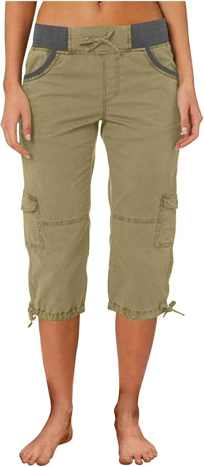 Women's Cargo Capris Relaxed Fit Low Waist Cargo Capri Pant Summer Casual Lightweight Lounge Cropped Trousers Pockets