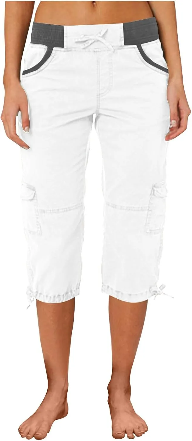 Women's Cargo Capris Relaxed Fit Low Waist Cargo Capri Pant Summer Casual Lightweight Lounge Cropped Trousers Pockets