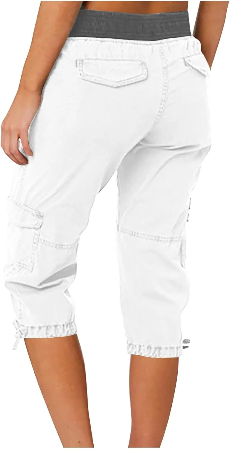 Women's Cargo Capris Relaxed Fit Low Waist Cargo Capri Pant Summer Casual Lightweight Lounge Cropped Trousers Pockets