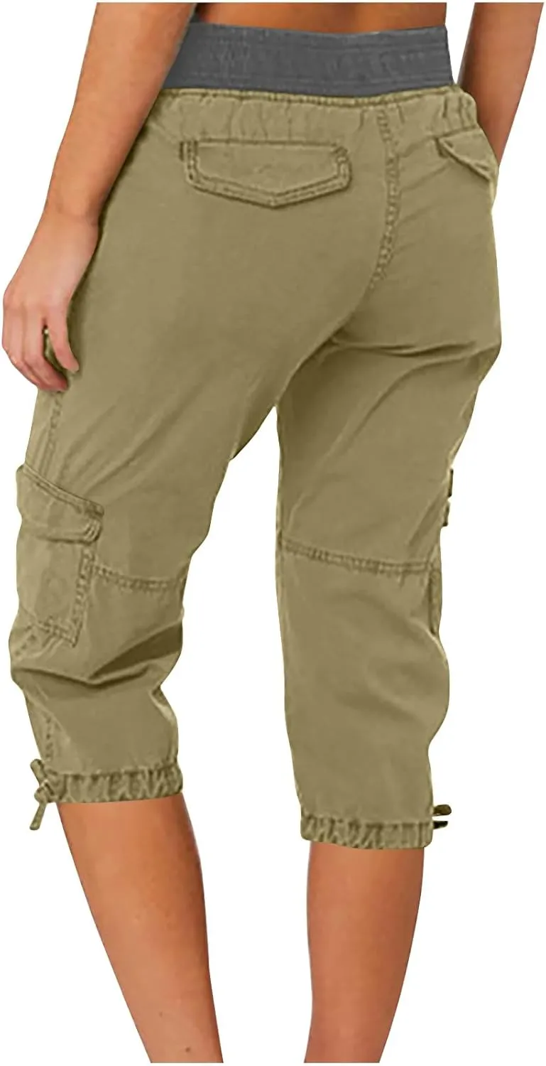 Women's Cargo Capris Relaxed Fit Low Waist Cargo Capri Pant Summer Casual Lightweight Lounge Cropped Trousers Pockets