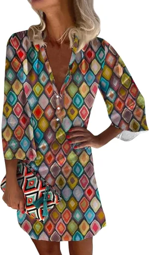Women's Casual Dresses 3/4 Sleeve V Neck Floral Mini Dress Elegant Shift Short Dresses Tunic Dress