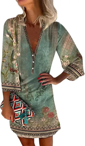 Women's Casual Dresses 3/4 Sleeve V Neck Floral Mini Dress Elegant Shift Short Dresses Tunic Dress