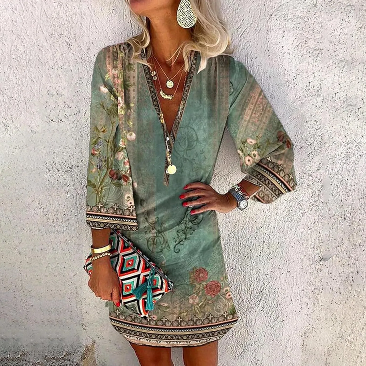 Women's Casual Dresses 3/4 Sleeve V Neck Floral Mini Dress Elegant Shift Short Dresses Tunic Dress