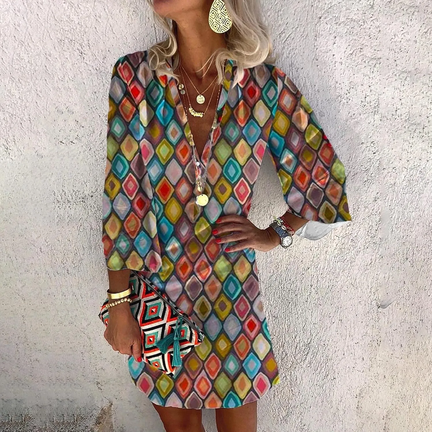 Women's Casual Dresses 3/4 Sleeve V Neck Floral Mini Dress Elegant Shift Short Dresses Tunic Dress