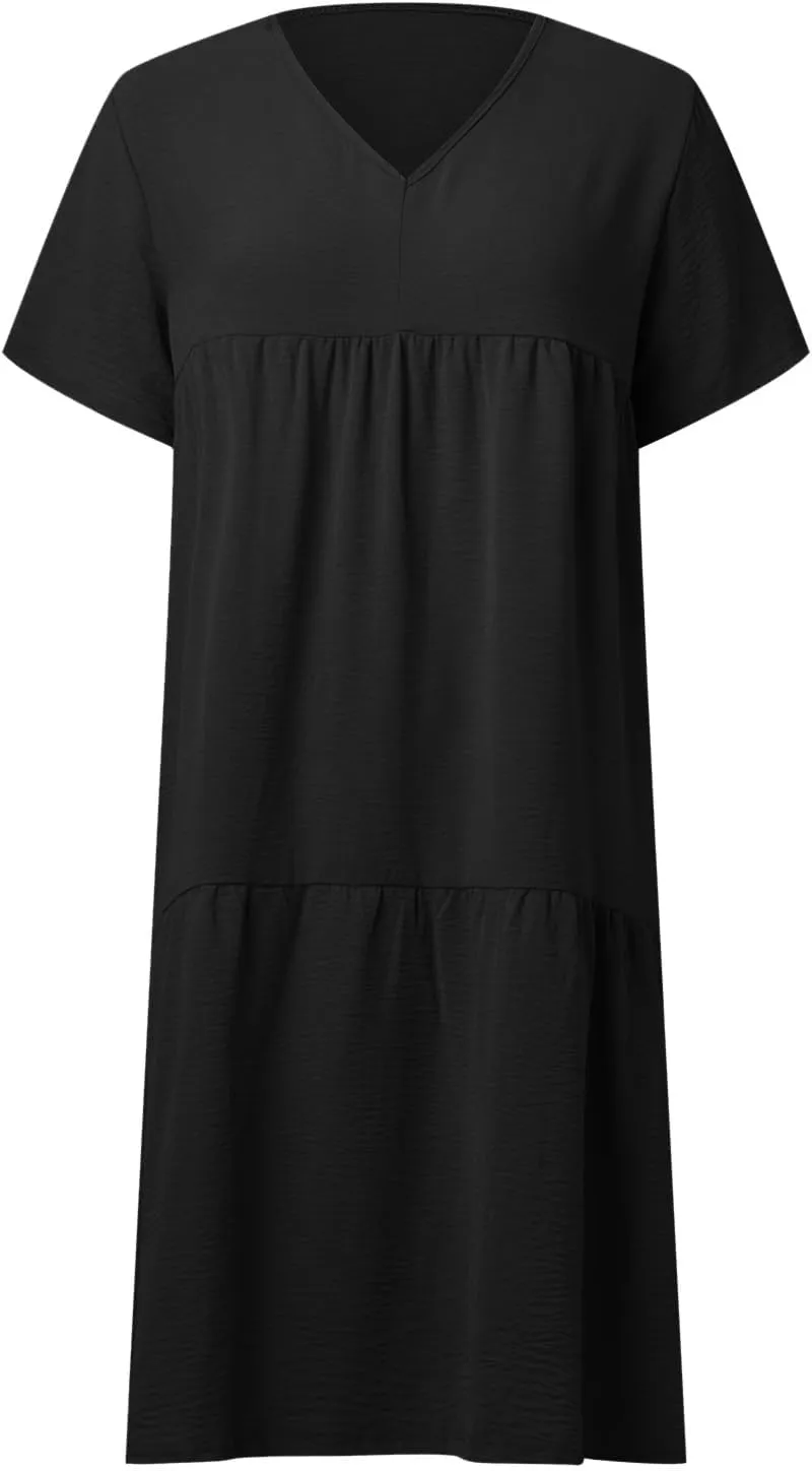 Women's Casual Dresses Vintage Petite Short Sleeve Deep V Neck Tiered Midi Linen Dress Evening Party Spring Hawaii Outfits